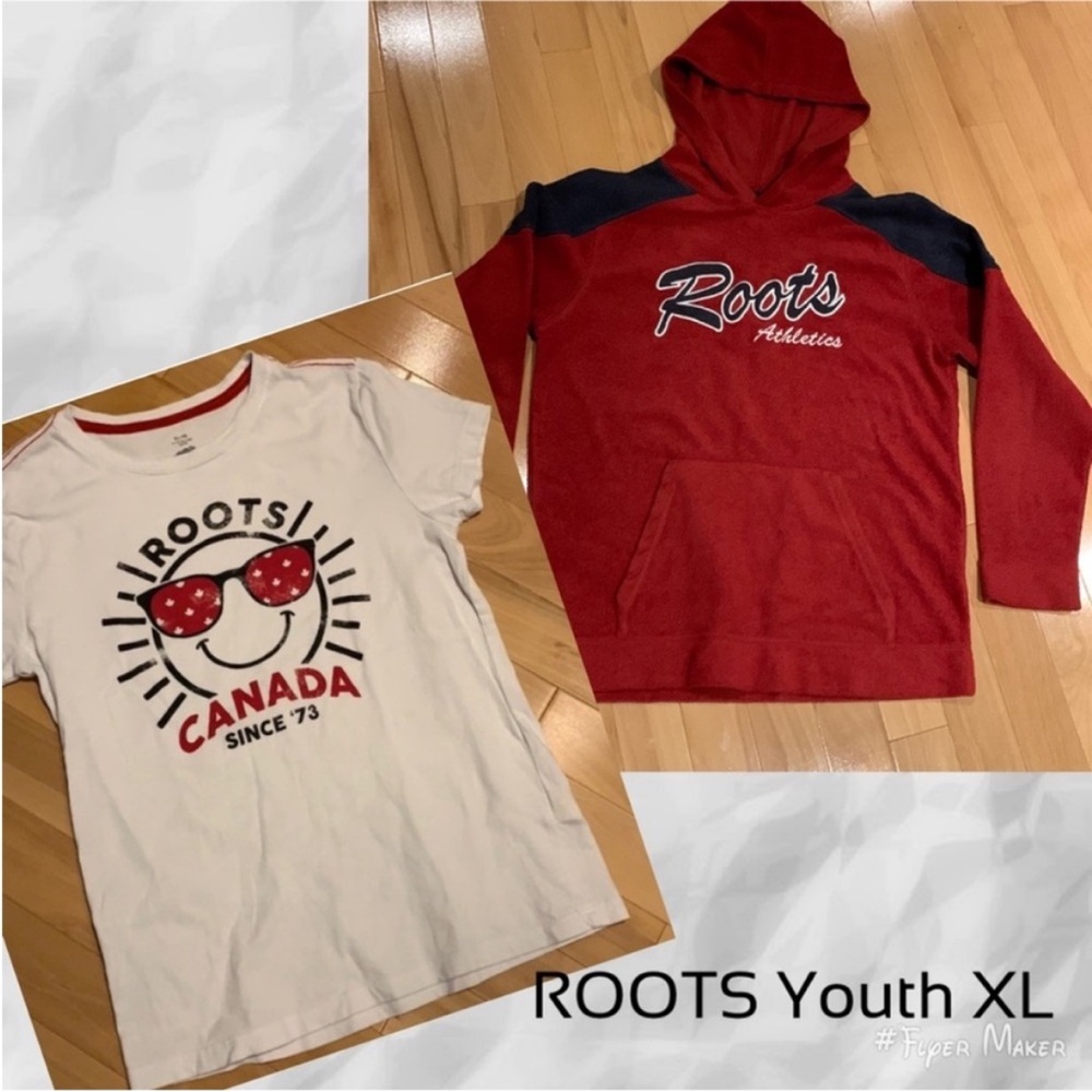 EUC Unisex Roots Kanga Fleece Hoodie & Girl’s Canada Short Sleeve Tee - size YXL